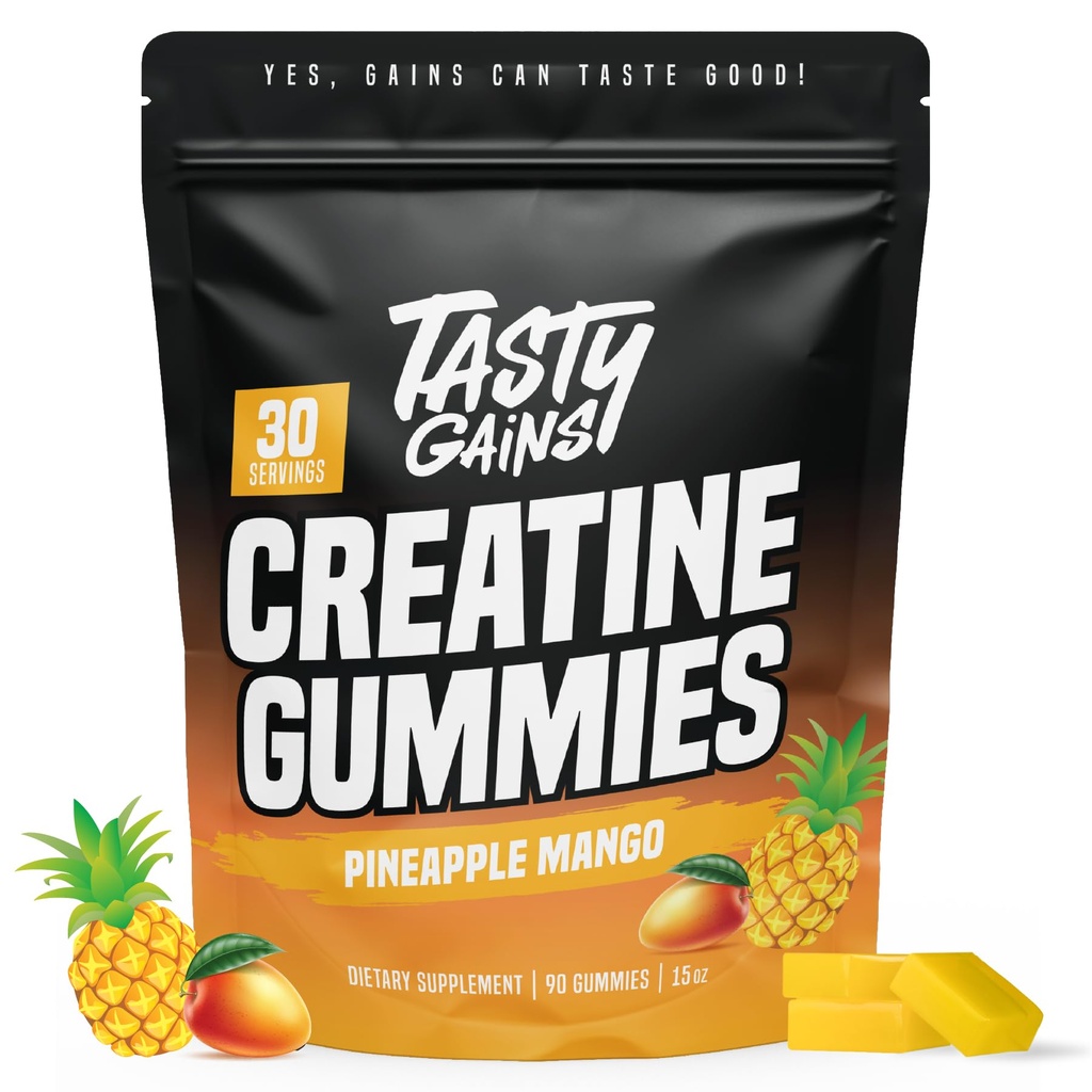 TASTY GAINS Creatine Gummies - 90g de Creatine Monohidrat - Suplimente de antrenament - Construi musculare și boost puterea pentru bărbați și femei - Made in USA - Non OMG - Vegan prietenos (mare, Ananas Mango)