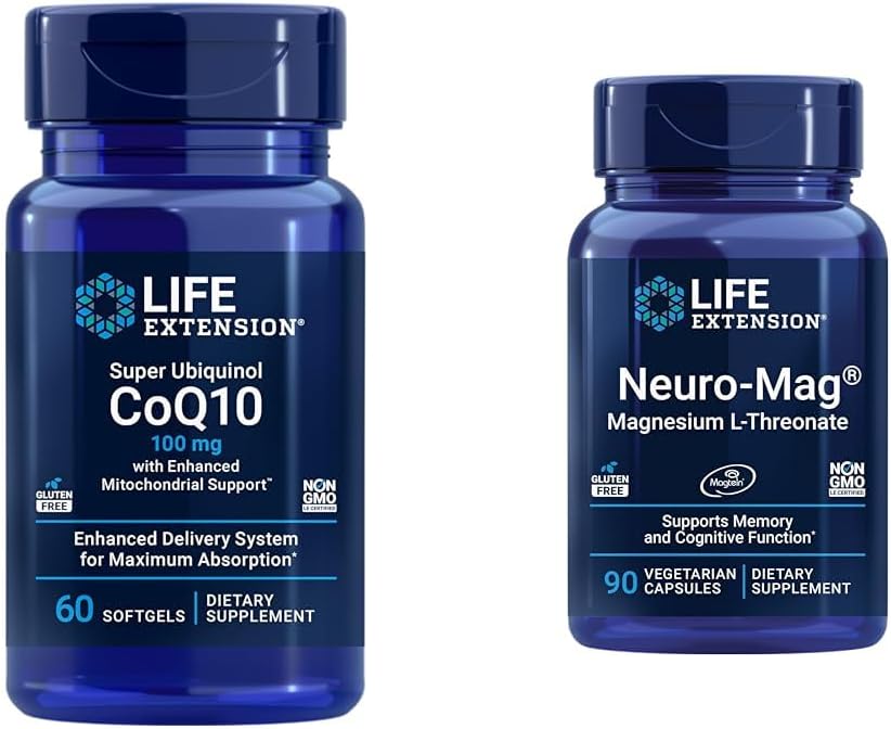 Extensie de viaţă Super Ubichinol CoQ10 cu suport mitocondrial îmbunătăţit & Neuro-mag Magneziu L-treonat, magneziu L-treonat