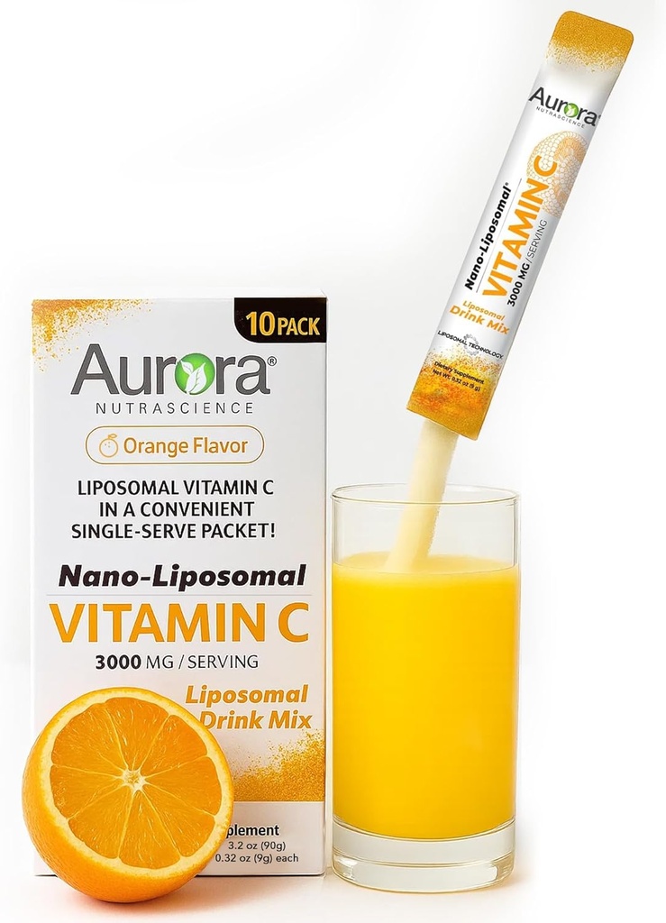Aurora Nutrascience Nano-Pack Liposomal Vitamina C pulbere Drink Mix, Immune Support, Putere mare 3000 mg Per Servire 10 Pachete de unică servire, Orange