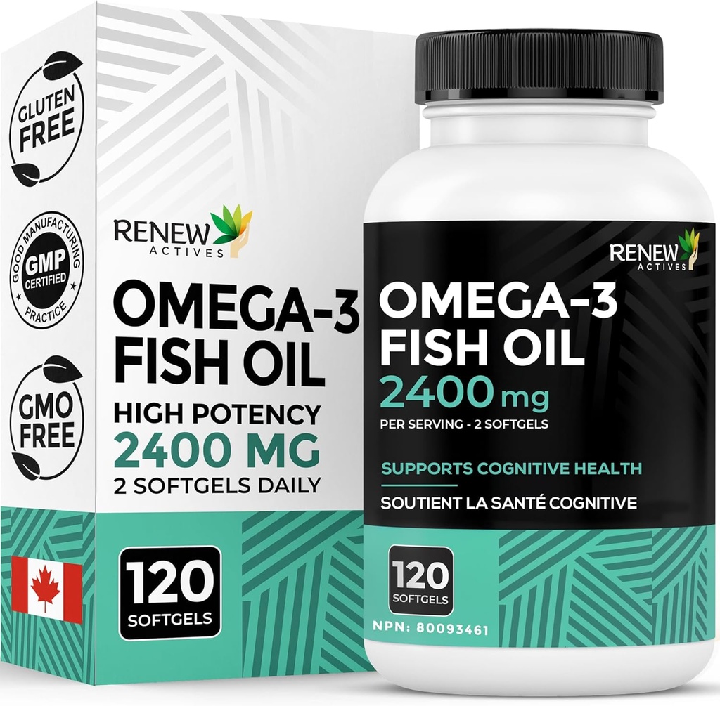 Renew Actives Ulei de pește Omega-3 2400MG per 2 Softgels - 720MG EPA & DHA - Suporturi Inimă, Creier, Sănătatea ochilor, și Trigliceride reducere - Nu gust de pește - Made in Canada - 120 Softgels