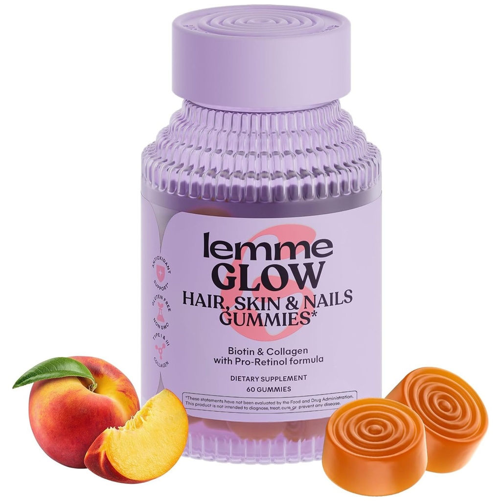 Lemme Glow Colagen Gummies for Thick Hair, Strong Nails & Healthy Skin with Multi-Collagen Peptides, Biotin, Trace Minerals, Zinc, Vitamine A, C & E, Dairy & Gluten Free, Peach Flavor, 60 ct.