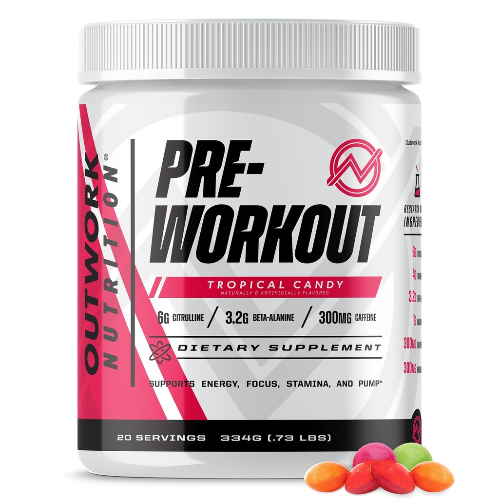 Afara de lucru Nutriție Preworkout pentru bărbați și femei - Nootropic Pre Workout fără Creatină, Pre-Workout pulbere cu Taurina Rhodiola Citruline Malate Beta Alanine Cafeina (Tropical Candy)