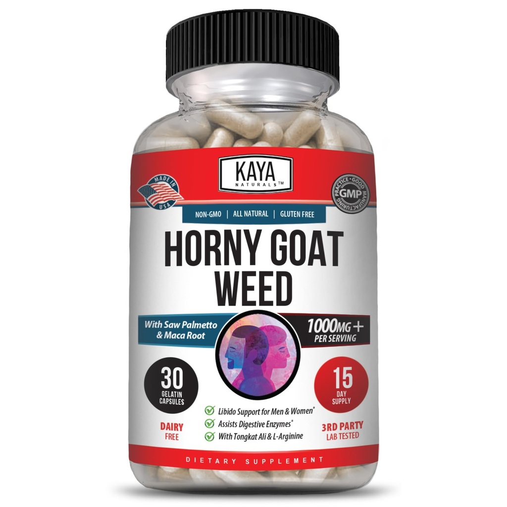 Kaya Naturals Horny Goat Iarba pentru barbati si femei - 1560mg Complex cu Maca, Saw Palmetto, Ginseng, Arginine Vitamina Supliment - Horny Goat buruieni - 30 Conte