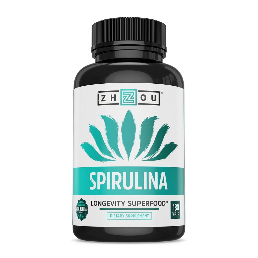 Zhou Spirulina comprimate - Spirulina pastile, Greens Superfood Supliment cu Clorofila & Blue Spirulina pulbere Cognitive & Immune Support, Pure Premium Formula - 180 comprimate