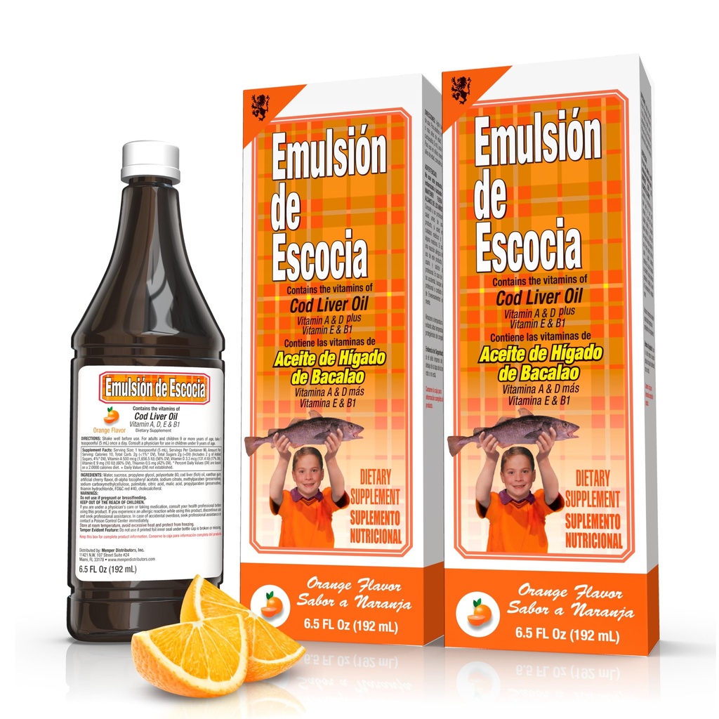 Emulsión de Escocia Cod Complex de ulei de ficat cu vitaminele A, D, E, B1 - Aromă naturală portocalie Supliment alimentar pentru suport imunitar și sănătatea osoasă - Omega 3 ulei de pește - 6.5 oz (2-Pachet)