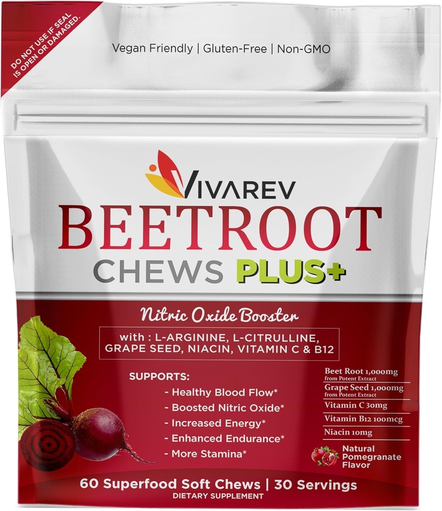 Beetroot Oxid de azot - 1000 mg Sfeclă de zahăr pulbere cu L Arginină, L Citrulină, Extract de semințe de struguri, Niacin, vitamina C & B12 - Chews de sfeclă - ambalaj de 60