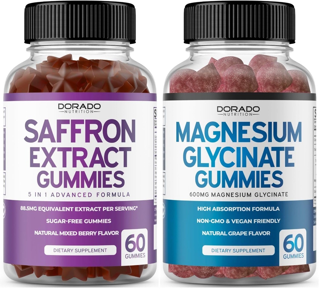 Saffron Suplimente (60 Gummies) 5 in 1 Advanced Formula Sugar Free Gummy - Delicious Raspberry Flavor și magneziu Glycinate (60 Count) Pure Glicinate Gummy pentru adulți - Non-GMO, Vegan & SUA Made