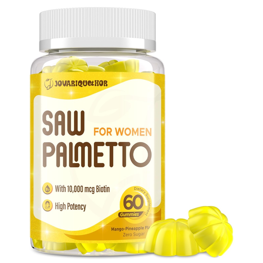 Saw Palmetto pentru femei - DHT Blocker supliment de crestere a parului - 500 mg Saw Potent Saw Gummies pentru par, piele, unghii, wellness urinar - Mango-Pineapple Aroma - 60 Gume