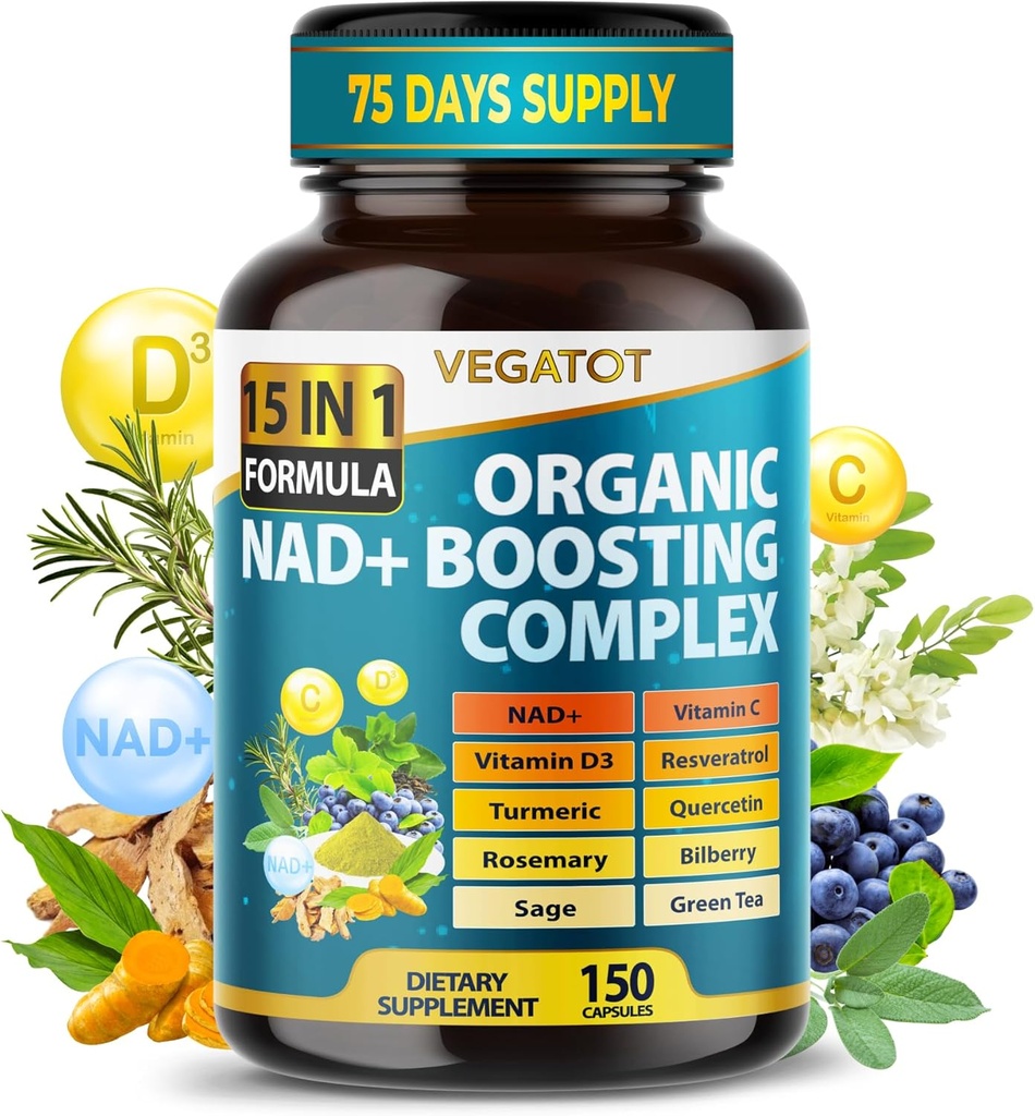 VEGATOT NAD+ Complex de booting - Suplimente NAD pentru femei și bărbați 15-in-1 Formula cu Resveratrol Turmeric Quercetin Rosemary Bilberry Sage Ceai verde
