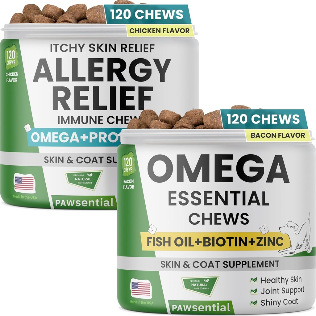 Alergie Relief Dog Chews + Omega Ulei de pește - Mâncărimi de piele Relief w / Probiotice + Omega 3 + Colostrum, Omega Skin & Coat Supliment Chews