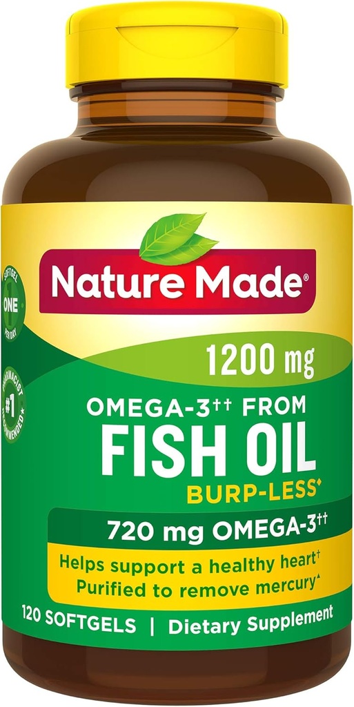 Burp-Mai puțin ulei de pește 1200 mg o dată pe zi, 120 Softgels, ulei de pește Omega 3 Supliment pentru sănătatea inimii