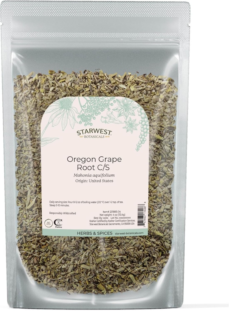Starwest Botanicals Oregon Grape Root Wildcrafted - Herb Loose uscat pentru ceai, tincturi, capsule, & Salves, Wellness naturale pentru femei și bărbați, Cut & Sifted, Certified Kosher, Non-GMO - 4 oz Pouch