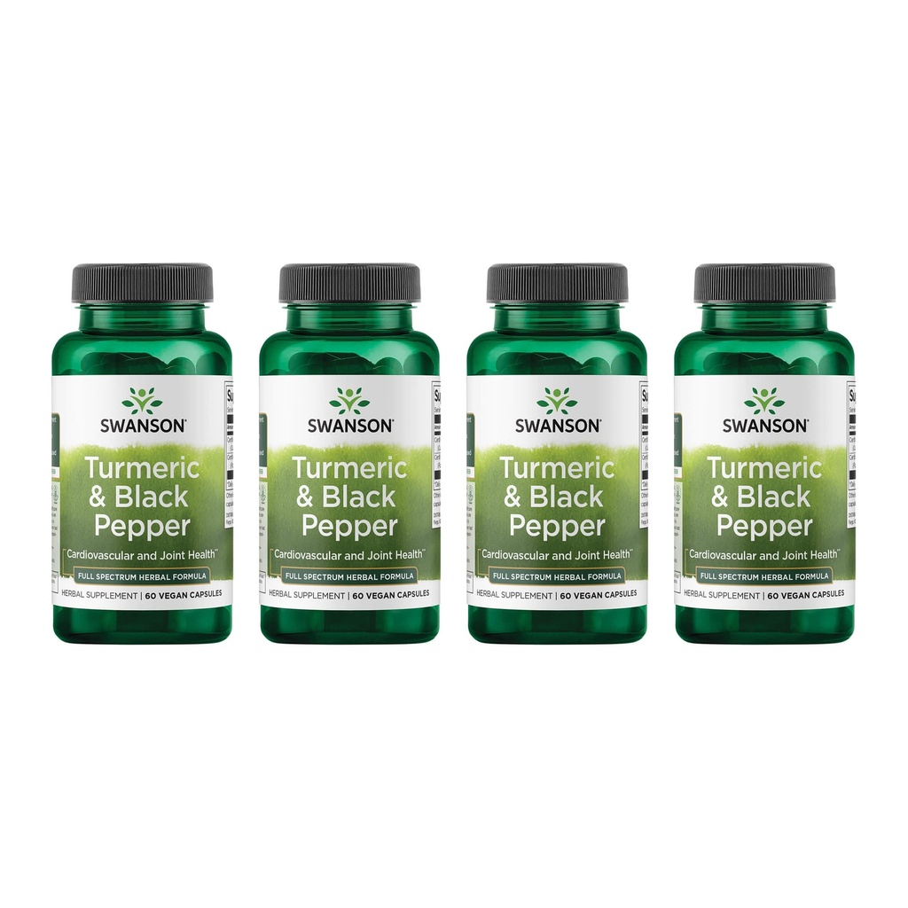 Swanson Turmeric & Black Pepper - Organic Joint Health, Heart Health, Digestion, & Ficat Supplement - Formula naturală pentru biodisponibilitatea îmbunătățită și absorbție - (60 Veggie Capsule) 4 Pack