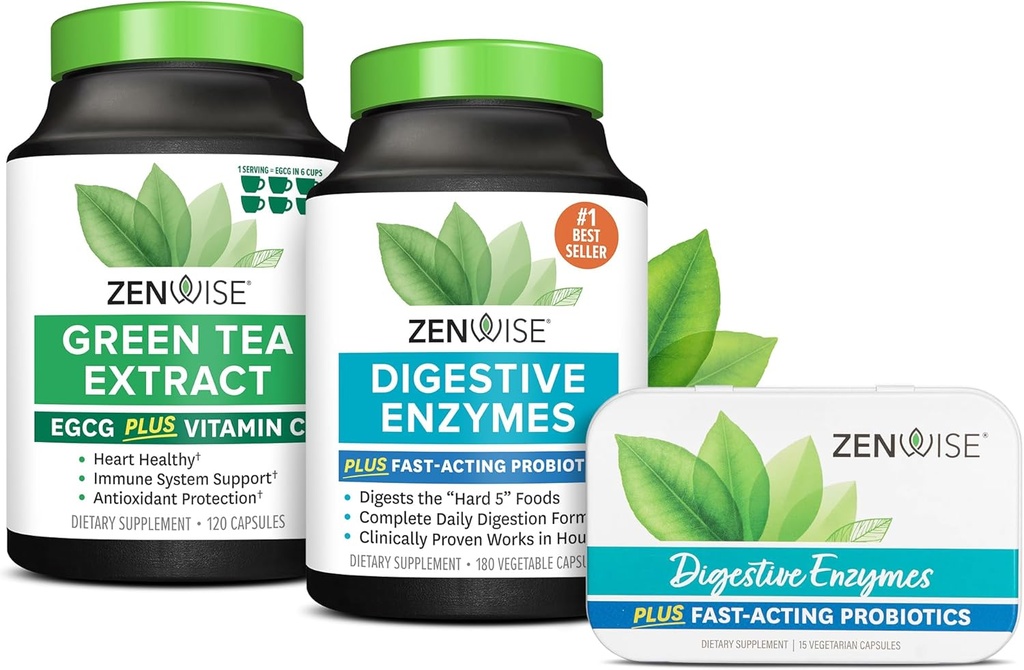 Zewise Health Enzime digestive, extract de ceai verde și tin de călătorie gratuită