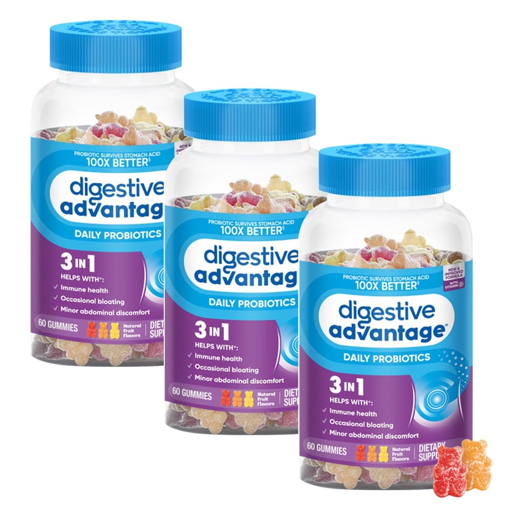 Avantaje digestive 3-in-1 Aromă de fructe naturale Gume probiotice pentru femei și bărbați Ocazional Blooting, Discomfort abdominal minor & Gut Health, 60 Conte Gummies (3 ambalaj)