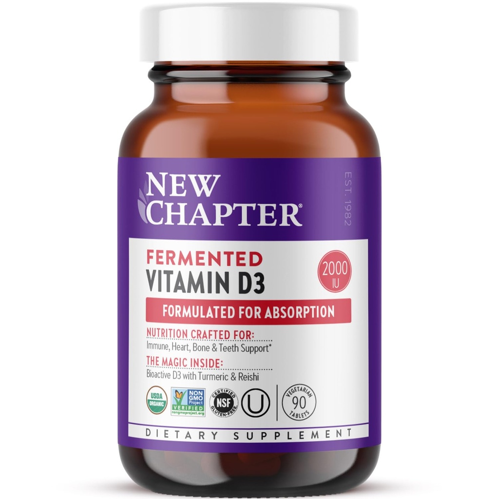 Capitol nou Fermentat Vitamina D3 2000 UI, Organic, One Daily pentru Imun, Inima & Oase Suport + Întreaga alimente Turmeric, Adaptogen Reishi Mushroom, 100% Vegetarian, Gluten Free, 90 Conte