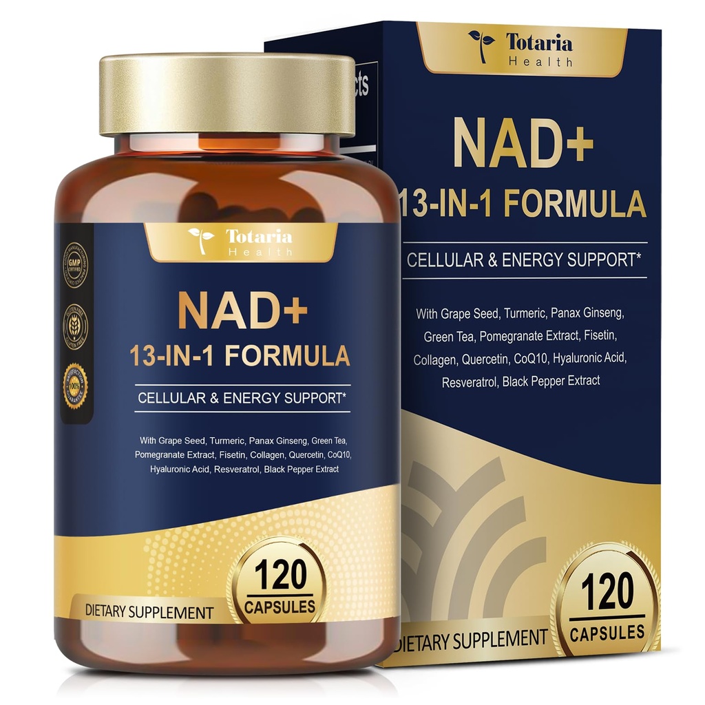 Totaria NAD Supliment pentru femei Bărbaţi cu nicotinamidă ribozidă resveratrol, Querbetin, Betaine Boost NAD. Nivele NAD Plus Supliment pentru Anti- Îmbătrânire, Energie, Imun, Focus 120 Capsule