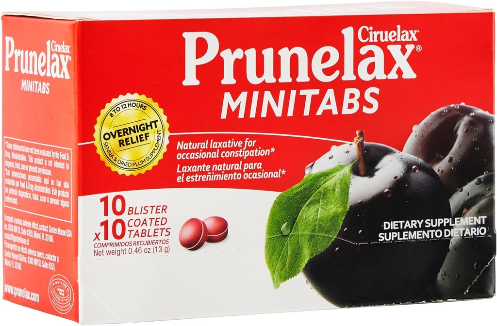 Prunelax Ciruelax Regular Putere Mini Tablete Laxative - Relief peste noapte pentru constipație ocazională, extract de senna, Vegan & Gluten-Free, ajutor blând - 100ct