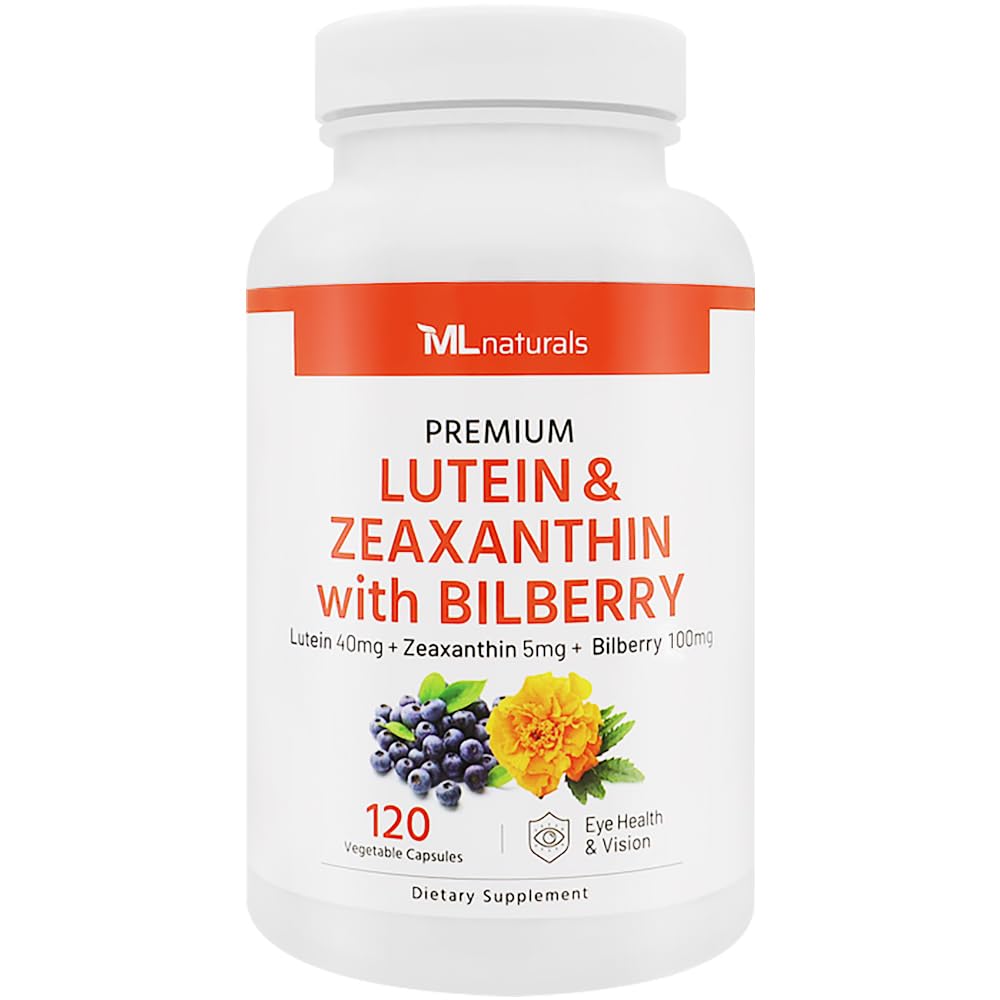 ML Naturals Premium Lutein & Zeaxanthin cu bilberry 120 Capsule vegetale. Lutein 40 mg, Zeaxanthin 5 mg şi Bilberry 100 mg. Premium Quality. Eyes & Vision Healthy, NSF-Certified & cGMP-Compliant
