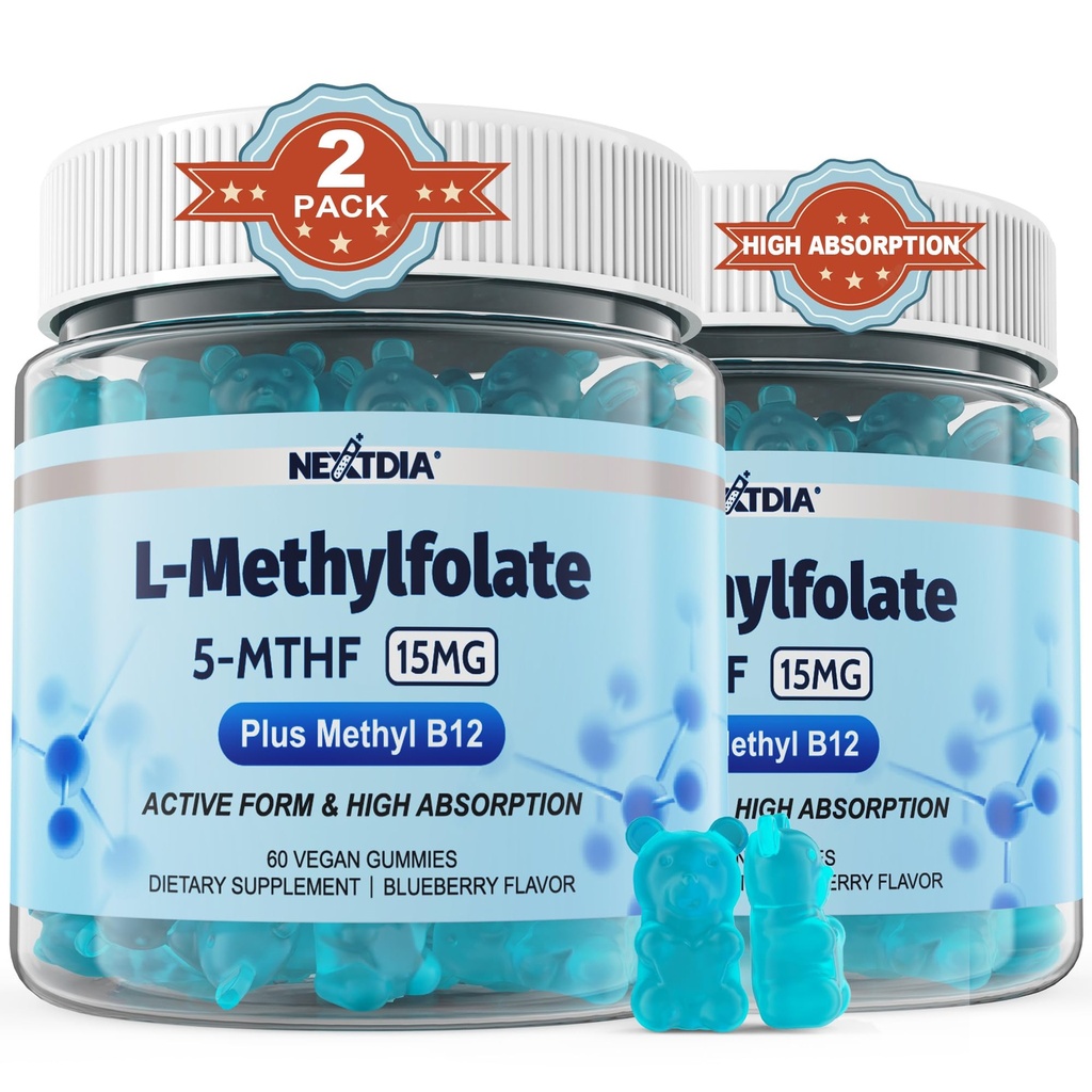 L-MetilFolat 15 mg & Metil B12 Gummies, metilat B1, B2, B6 Multivitamine - Active 5-MTHF & High Absorbtion - Suportă MTHFR Gene, Cognition, Homocisteine Levels, Folate Metabolism, Vegan, 120 Cts