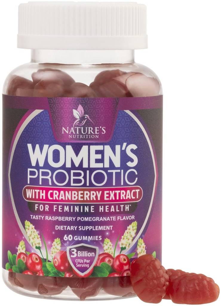 Probiotice pentru femei Gummies cu cranberry - 6 benzi premium pentru PH echilibru, Digestive Health, Vaginal & Immune Support, 3 Miliarde CFU, Femei Probiotic Gummy pentru sanatate feminina - 60 Gume