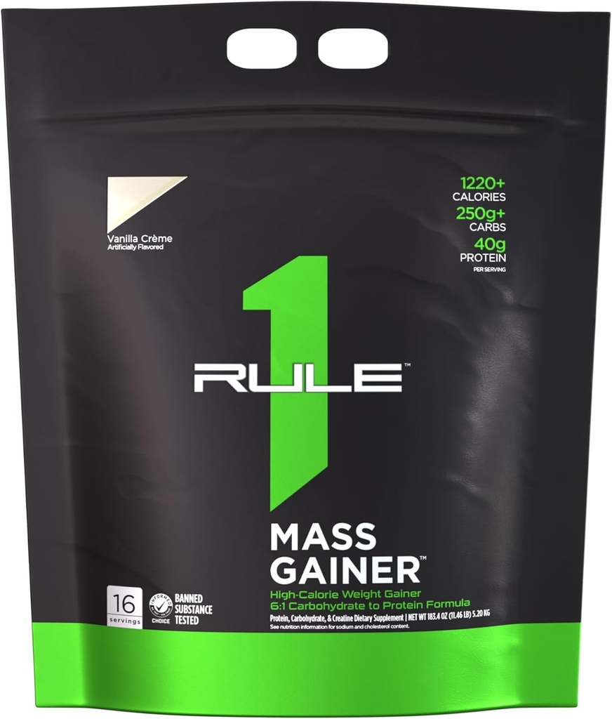 Regula 1 Gainer în masă - Formula de câștig în greutate ridicat Calorie cu 1,220+ Calorii, 250g+ Carb Blend complex, 40g Proteina All-Whey Per Serving (16 Serviri, Vanilla Creme)