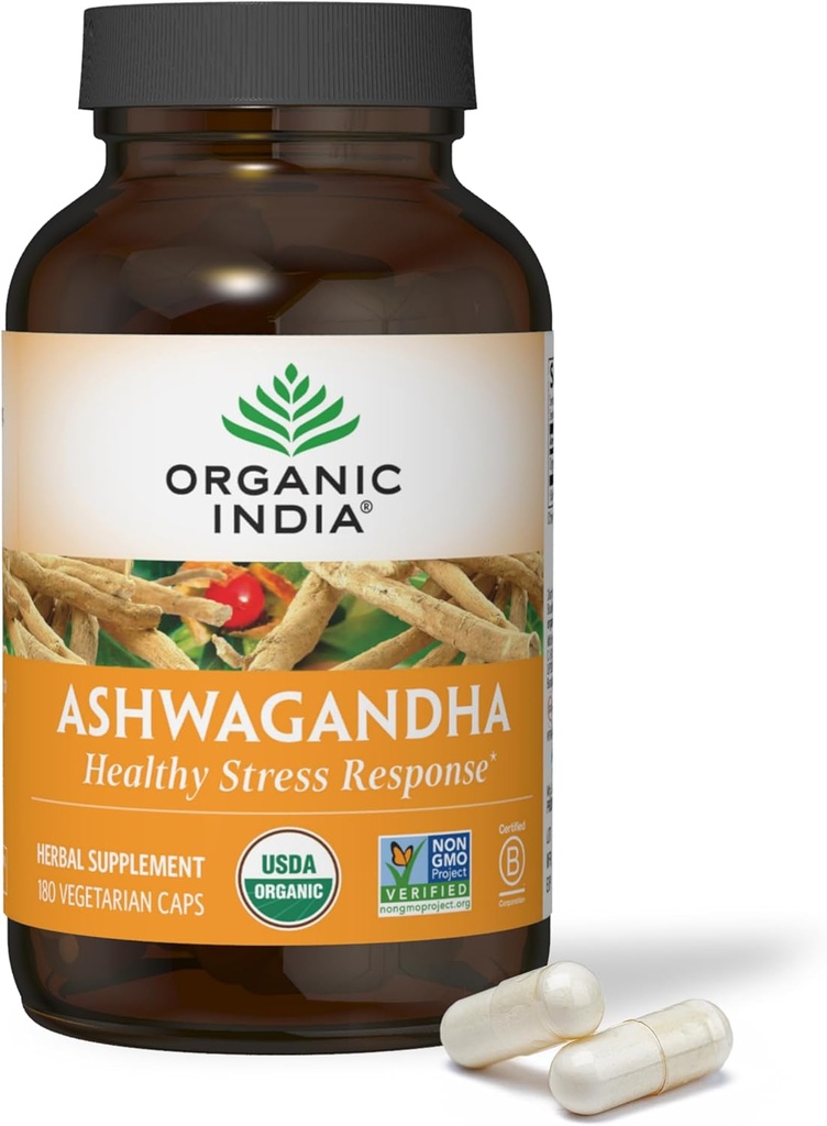 Capsule INDIA ORGANICE Ashwagandha - Suplimentul organic Ashwagandha - Root Vegan Ashwagandha, Gluten-Free, Kosher, Non-GMO, Suportă relief de stres, energie, și somn - 180 capsule