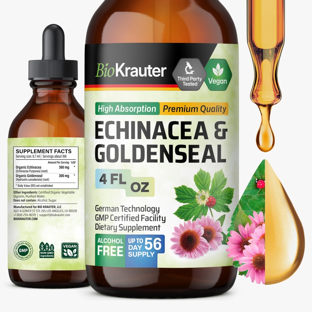 BIO KRAUTER Echinacea și Goldenseal Root Liquid Extract - Natural Immune Support - Echinacea Drops with Goldenseal - Vegan, Alcool & Sugar Free Tincture - 4 Fl.Oz.
