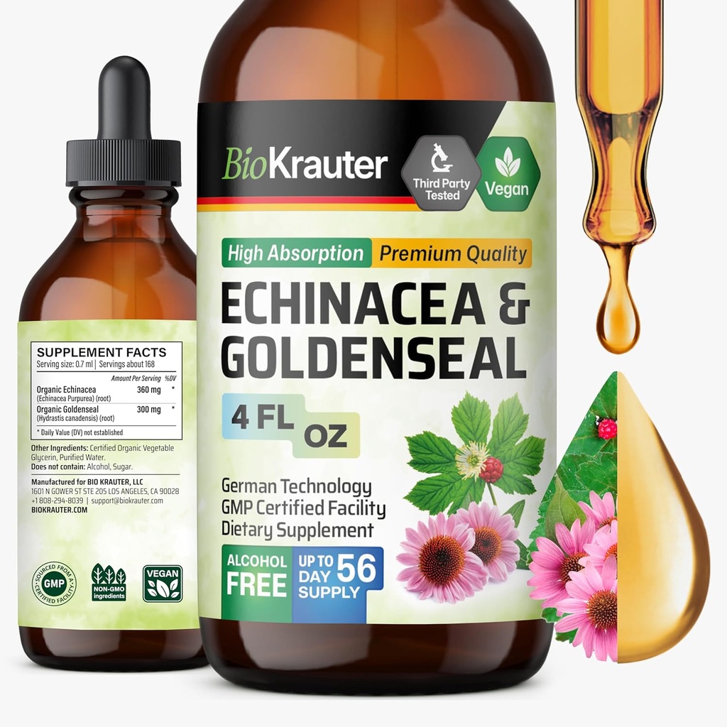 BIO KRAUTER Echinacea și Goldenseal Root Liquid Extract - Natural Immune Support - Echinacea Drops with Goldenseal - Vegan, Alcool & Sugar Free Tincture - 4 Fl.Oz.