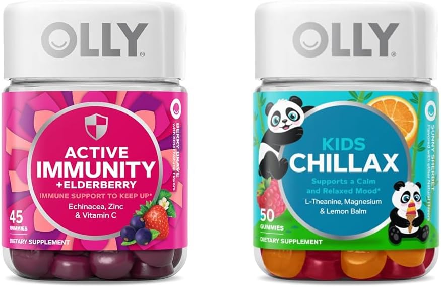 OLLY Gummy Imunitate activă+Elderberry, 45 Gummies Copii Chillax, Gummie de magneziu, Lemon Bals, Chews calm pentru copii 4+, 50 Conte