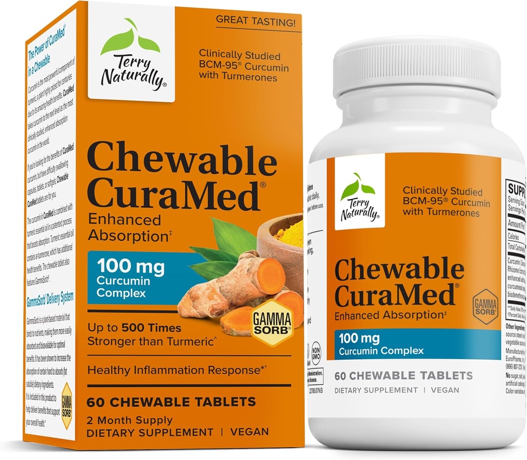 Terry Natural Curamed 100 mg Curcumin Complex - îmbunătăţit supliment de absorbţie Curcumina cu Turmeric - Brain & Ficat Supliment de sprijin pentru sănătate - Vegan Supliment alimentar - 60 comprimate masticabile