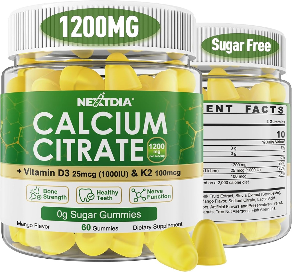 Calciu Citrate Gumries 1200mg cu vitamina D3 K2, Suplimente de calciu masticabile pentru femei si barbati, Suport de mare potenta B0ne, Te*th, Putere & Immune Health, Mango Flavor, Non-GMO, Zahăr gratuit, 120 Cts