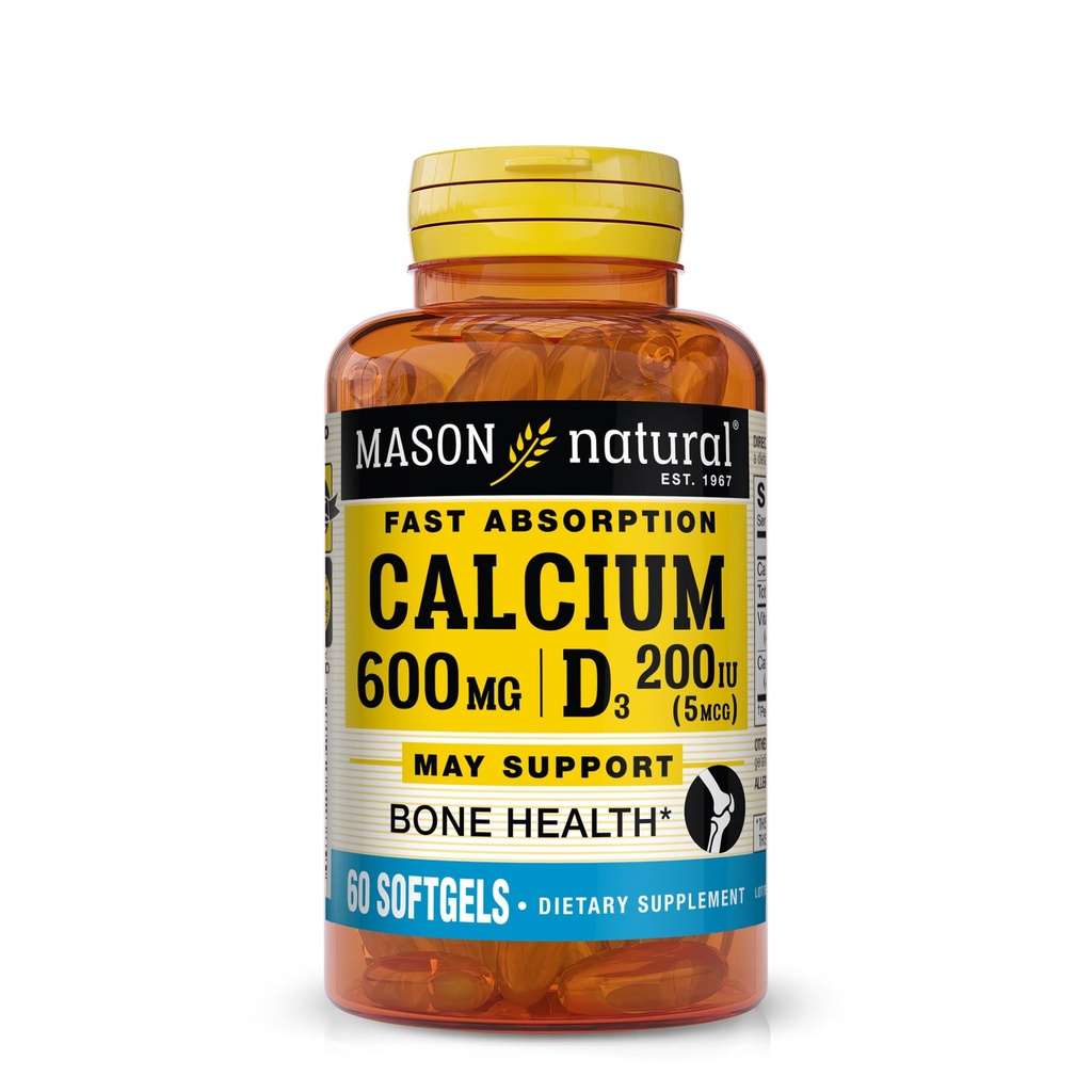 MASON NATURAL Absorbție rapidă Calciu cu vitamina D3 - consolidează funcția musculară, susține oase sănătoase și sănătate generală, 60 Softgels