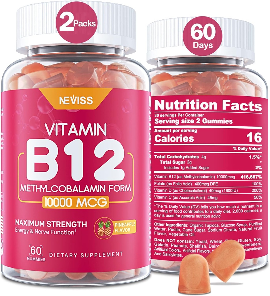 NEVASS Vitamina B12 10000 mcg (Metil B12) Gume cu vitamina D3, B9 Vitamina Folate, vitamina C, pentru energie Boost & Metabolism, Sistem nervos, Oase puternice, Suport imun, Zahăr scăzut, 120 Conte