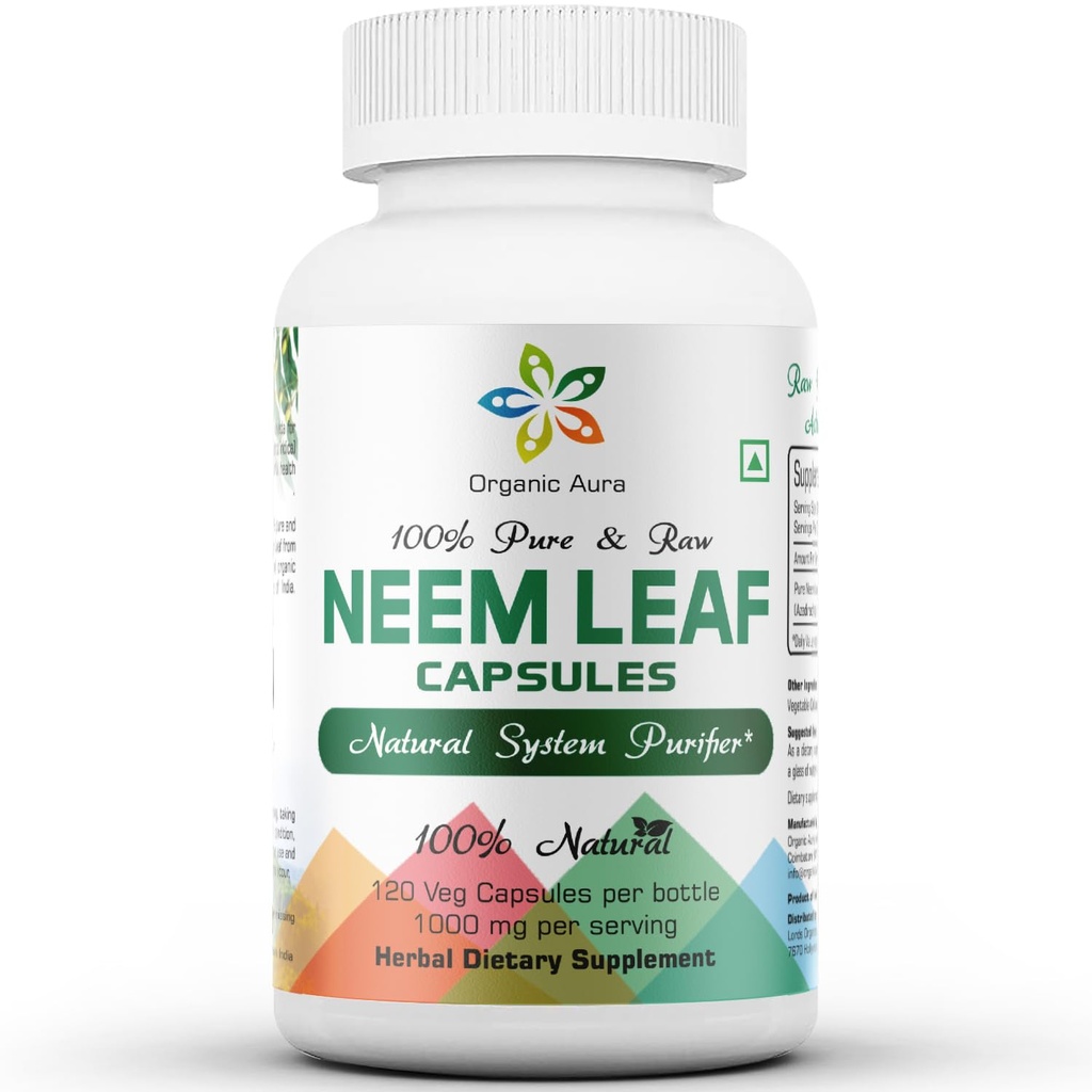 Capsule organice Aura Neem. 100% pură şi puternică. Superfood verde crud. Made with Whole Spectrum Neem Leaves. Miracol dezintoxicare agent.