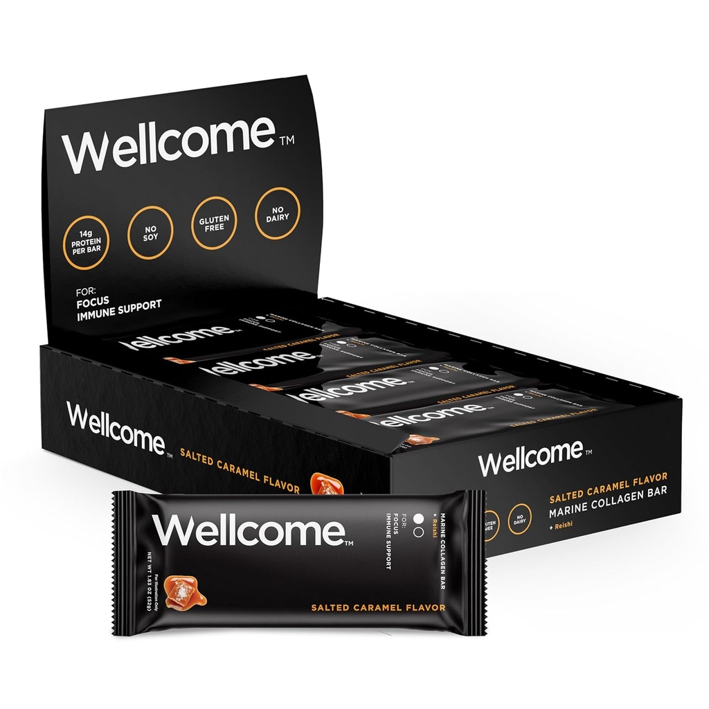 Wellcome Salted Caramel Marine Colagen Proteine Bar cu Reishi Mushroom pentru energie și suport imunitar - Adaptogene Snack Bar - Dairy Free Health Bar pentru functional Active Lifestyle (Pachet de 12)