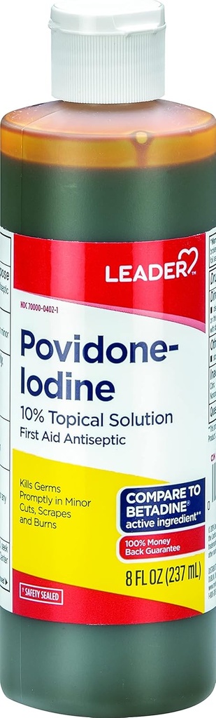 Leader Povidonă Iod 10% Prep Soluţie USP, Antiseptic de prim ajutor Wound Cleanser, Wound Wash, Antiseptic Soap (8 Fl Oz, Pack of 1)