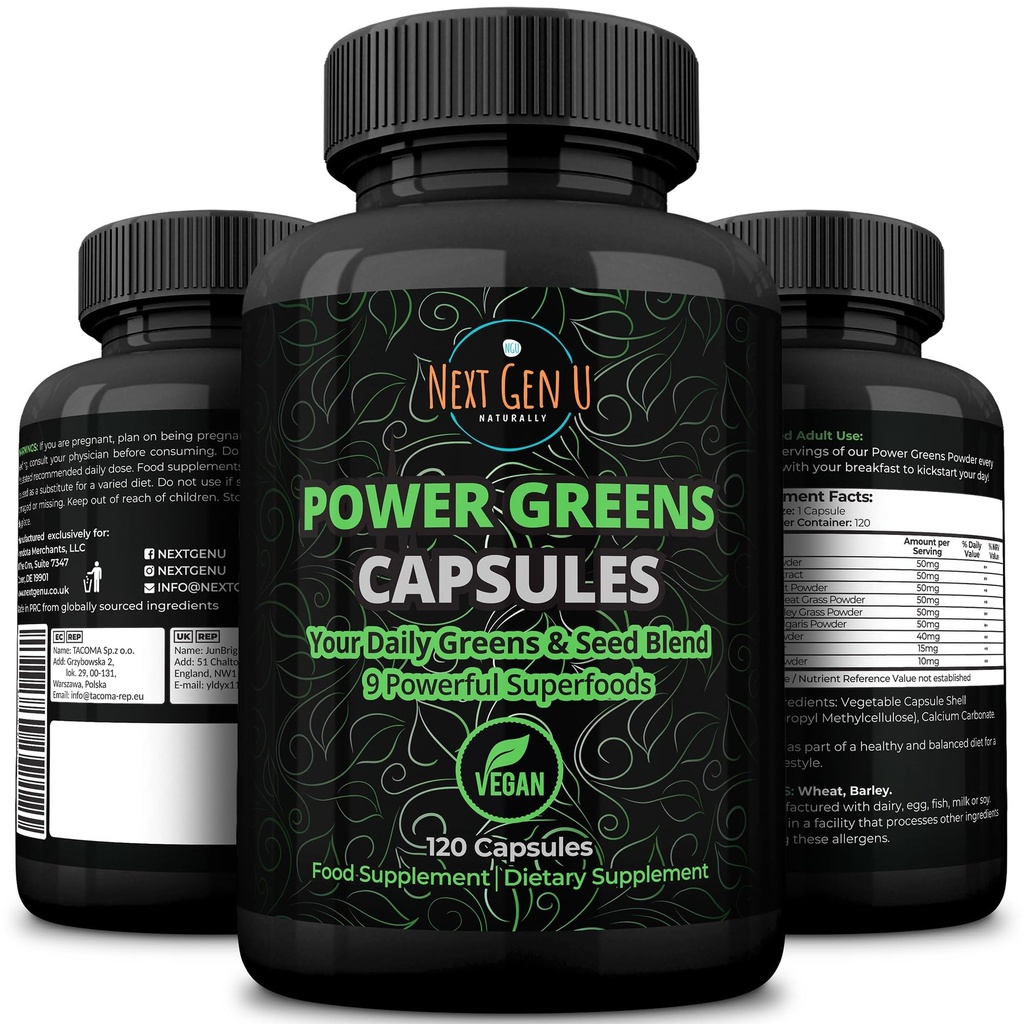 Super Greens - Suport sistem imunitar - 500 mg 120 capsule Vegan - Superfoods for Daily Booster - Keto Blend sănătos cu Acai, Wheatgrass, Guarana, Chlorella, Flaxseed, Matcha, Maca - by NextGenU