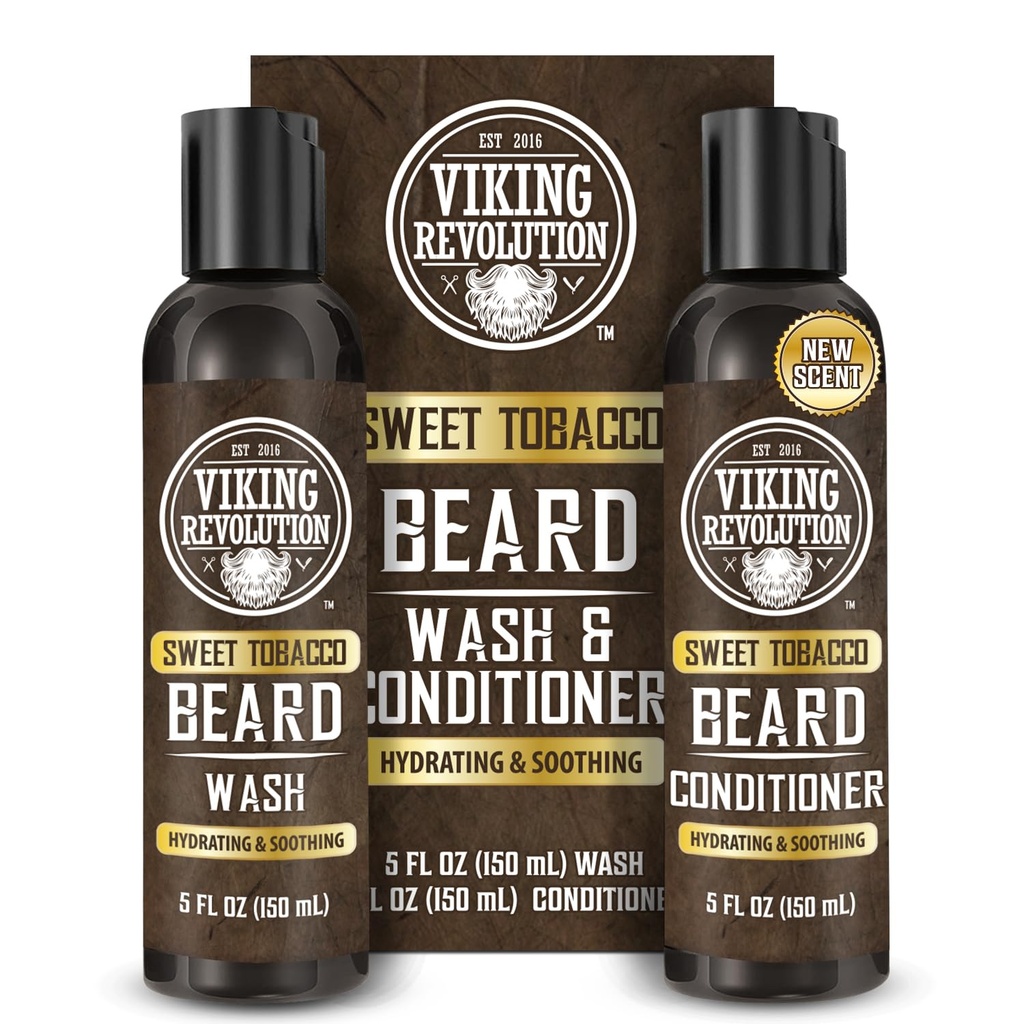 Viking Revolution Beard Wash and Beard Balsam pentru barbati cu ulei de argan si ulei de jobba - Beard Softener and Consolidator Beard Care Beard Shampoo and Balsam with Beard Oil (5oz, Sweet Tobacco)