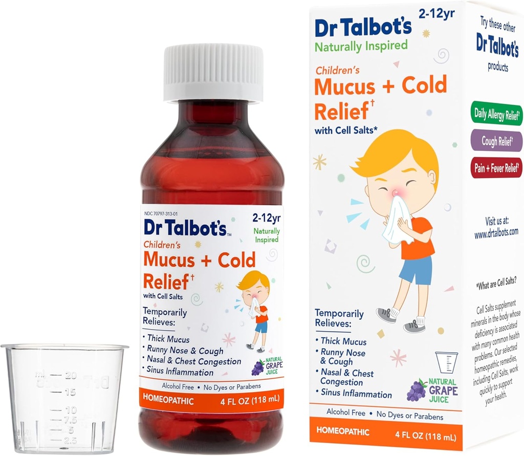 Dr. Mucus Talbot + Rece Relief Liquid Medicine, Inspirat natural, pentru copii, Include Cupa de dozaj, Aroma de suc natural de struguri, 4 Fl Oz