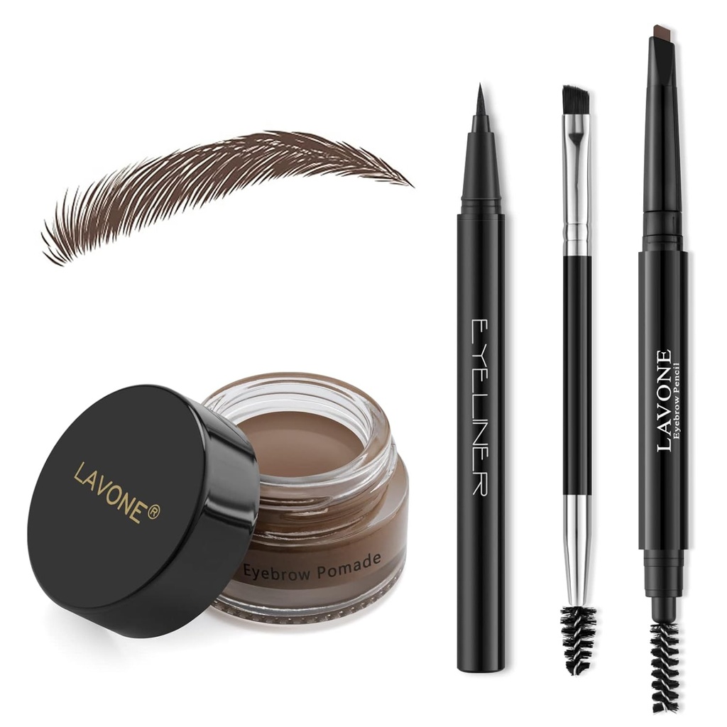 Kit de machiaj LAVONE cu creion de timbru sprânceană, impermeabil Brow Pencil & Pomade, Eyeliner, Dual-ended Sprâncene Brush, Dark Brown