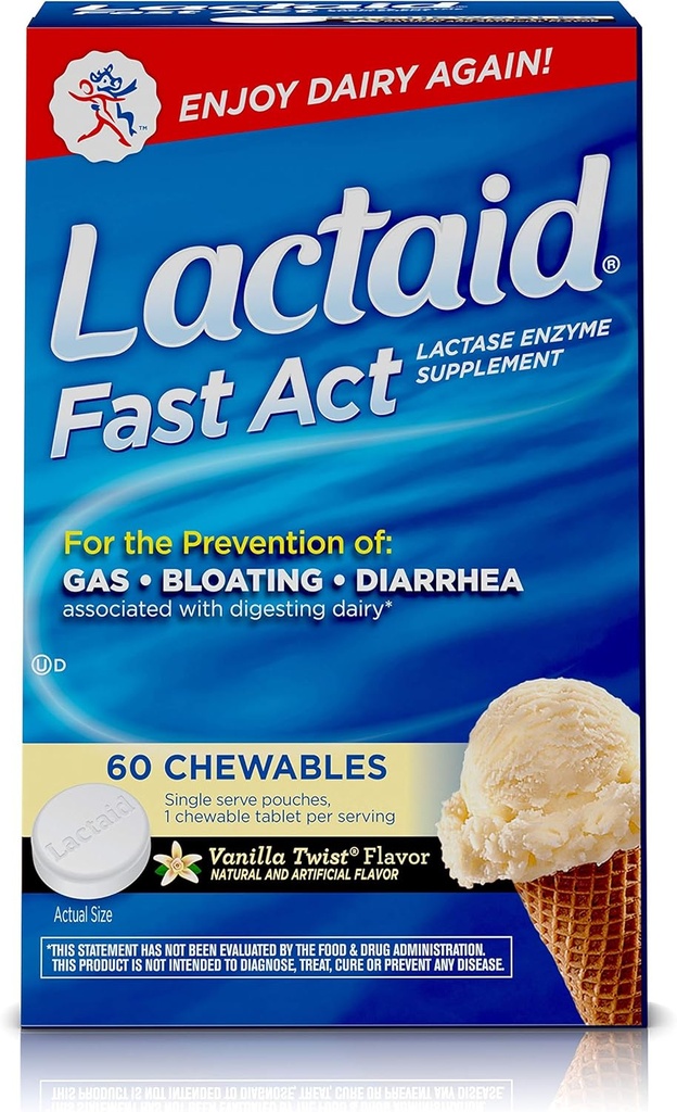 Lactaid Fast Act Lactoză Intolerance Chewables with Lactase Enzymes, Vanilla Twist, 60 Pks of 1-ct.