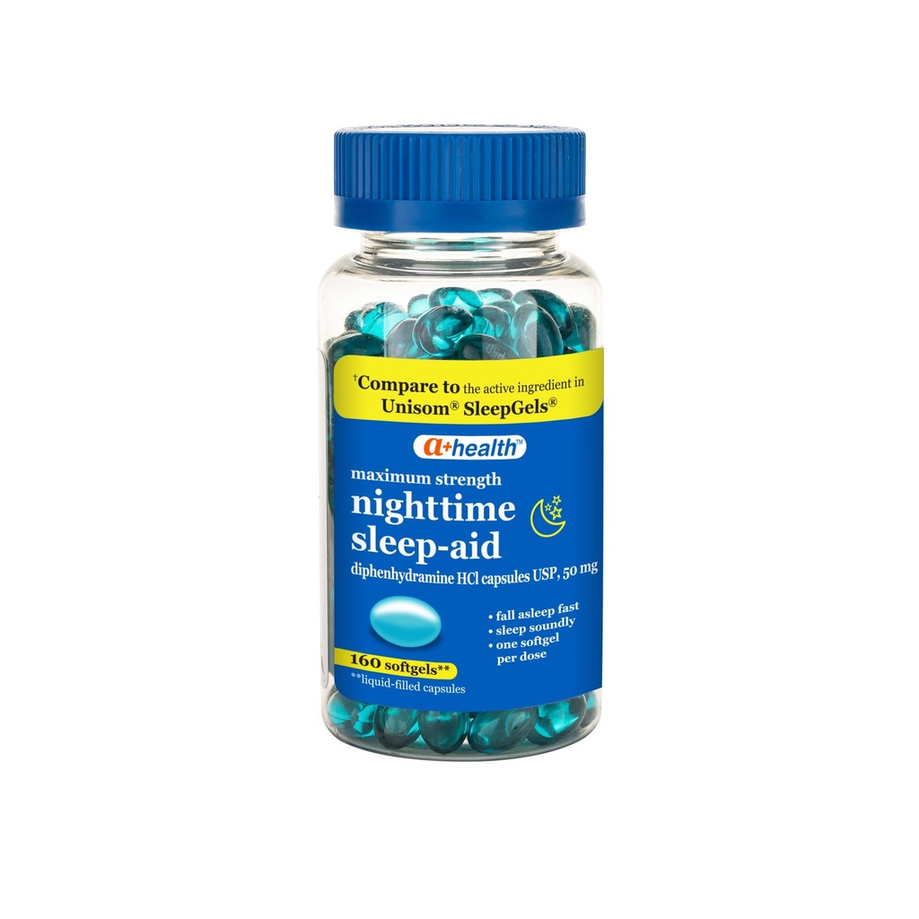 A+Health Nighttime Sleep Aid Difenhidramină 50mg Softgels, Putere maximă, 160 Conte