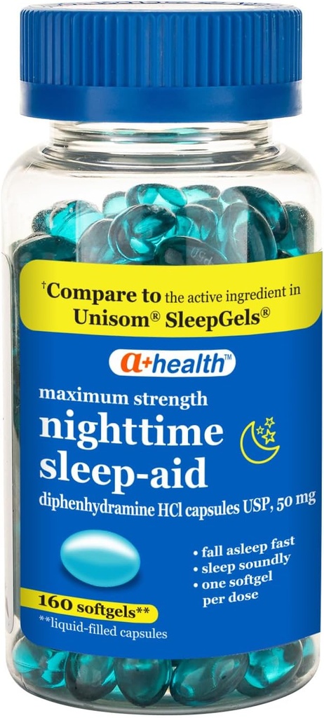 A+Health Nighttime Sleep Aid Difenhidramină 50mg Softgels, Putere maximă, 160 Conte