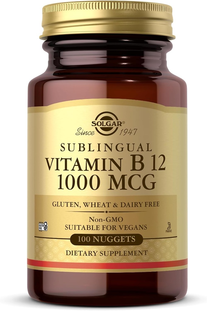 Solgar Sublingual Vitamina B12 1000 mcg - 100 Nuggets - Non-GMO, Vegan, Gluten Free, Dairy Free, Kosher, Halal - 100 Serviri