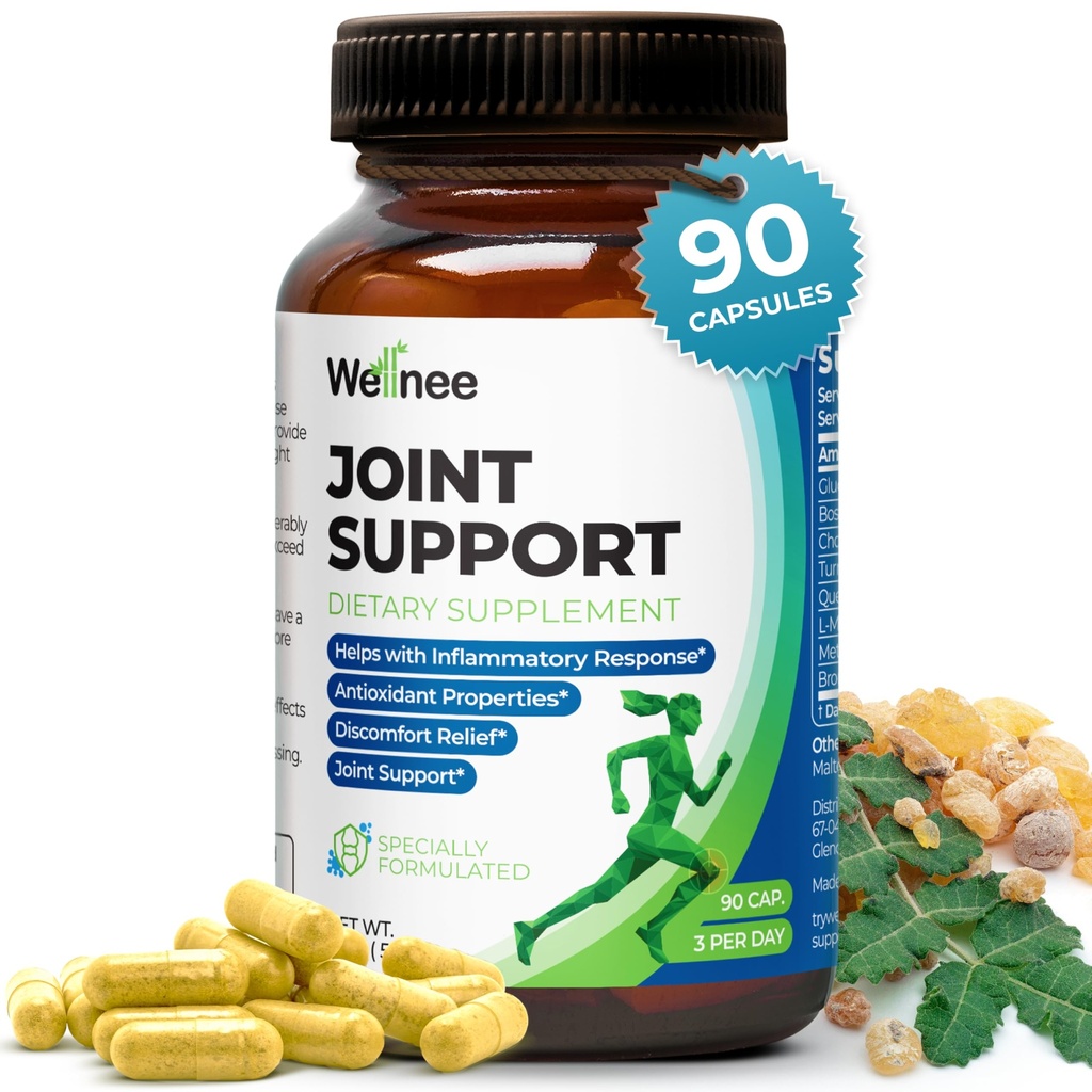 Suplimentul de sprijin comun Wellnee - Glucosamină Chondroitin MSM, Boswellia & Turmeric - Relieves Disconfort comun și susține flexibilitate - Wellknee Suport comun - 90 capsule, 30 Serviri