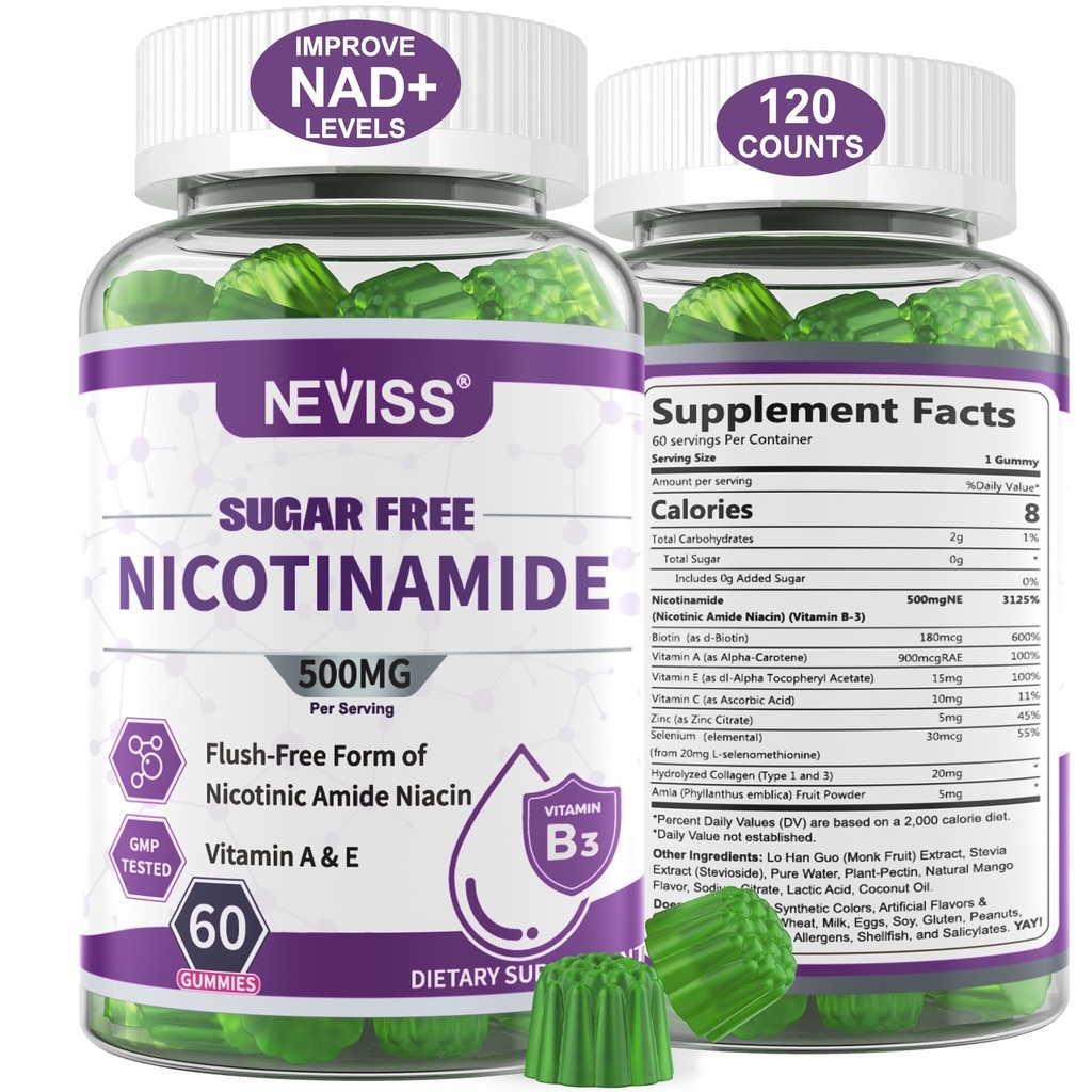 Nicotinamidă fără zahăr 500mg Gummies, (Flush Free Niacin) Vitamina B3 Niacinamidă Supliment pentru celular energie Metabolism și reparații, Vitality, Îmbătrânire sănătoasă, Aromă de afine, Ușor de mestecat, 120 Cts