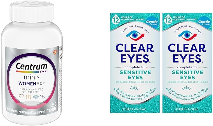 Centrum Minis Multivitamine pentru femei de argint 50 Plus, Multimineral Supliment cu vitamina D3, B Vitamine, Ingrediente non-GMO, Suporturi de memorie și cunoaștere la adulți mai în vârstă - 280 Ct & ochi clari, ochi sensibili, picături oftalmice, 0.5 Oz, 2 Pack