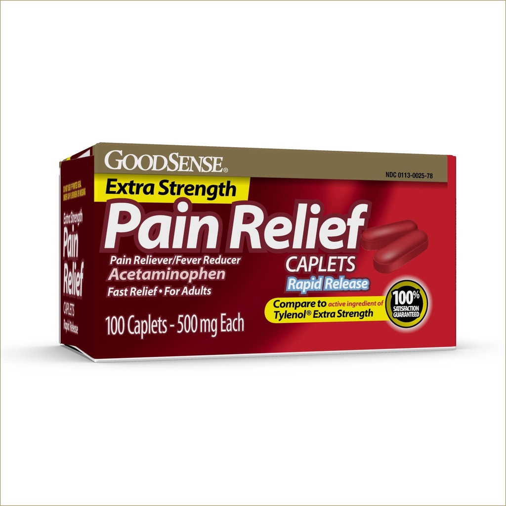 GoodSense Relief de eliberare rapidă durere, Acetaminofen Caplets 500 mg, Extra Putere Durere Reliever și Reductor Fever, 100 Conte