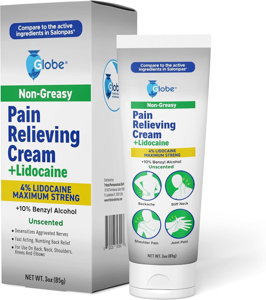 Globe Pain Relieving Cream Plus 4% Lidocaină, Rezistenta maxima Numbing Relief, Terapie Topica rapida pentru dureri musculare, dureri articulare, dureri de spate, gât durere, Soreness, Sprains & Spasms, Unscented, 3oz